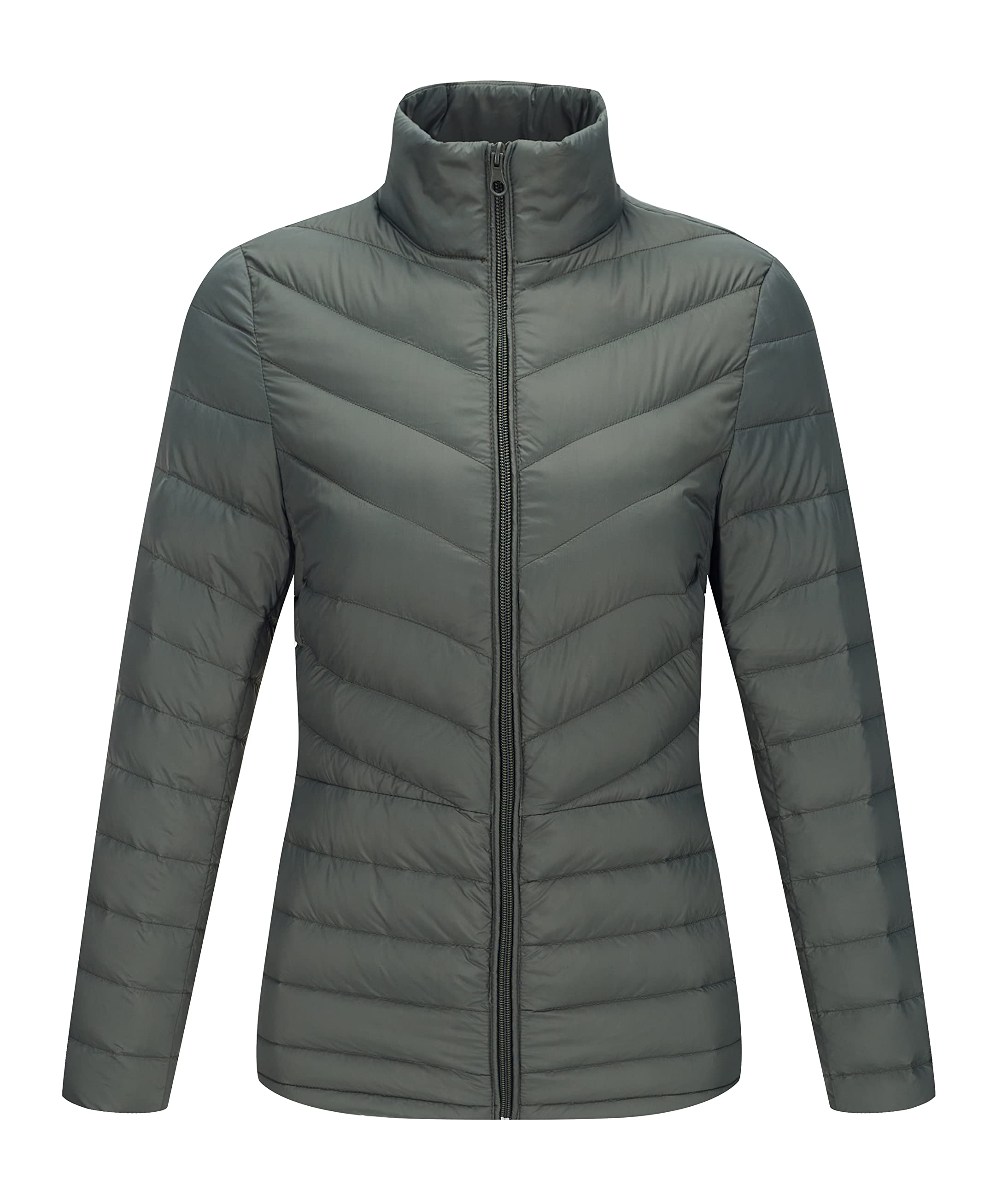 Women's Lightweight Long-Sleeve Full-Zip Down Jacket Packable Short Down Coat with Stand-Up Collar