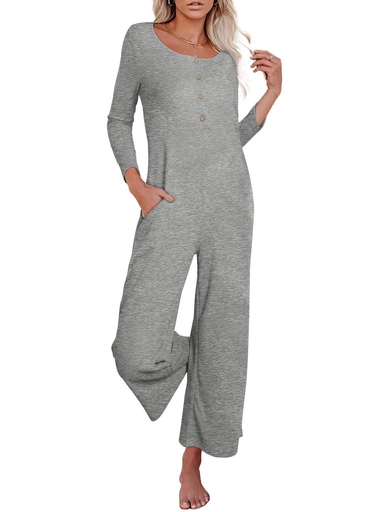 Women's Jumpsuits Long Sleeve Front Button Waffle Knit Jumpers Casual Wide Leg Long Pants Romper with Pockets
